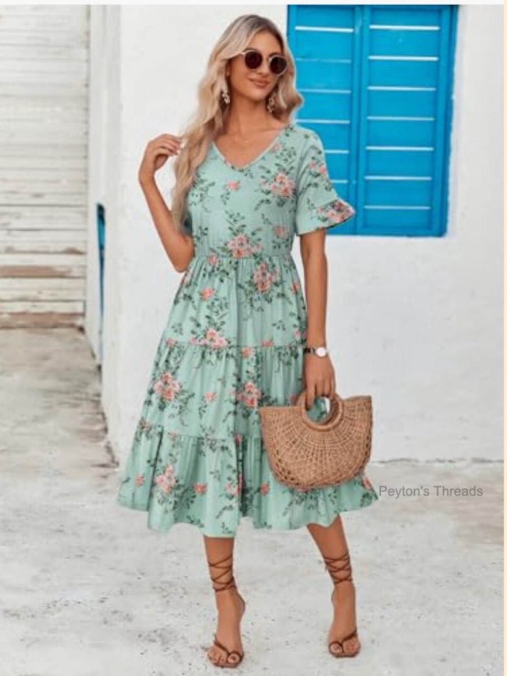 NWT Sage Green Floral Tiered Midi Dress